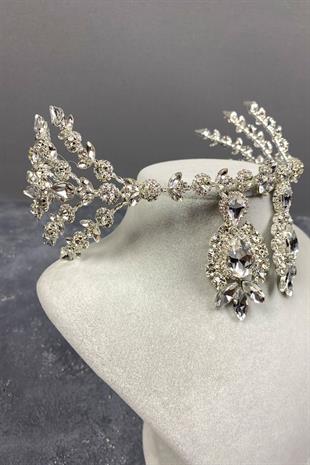 Gümüş Helenist Çift Taraflı Gelin Kına Tacı ve Taşlı Küpe Seti