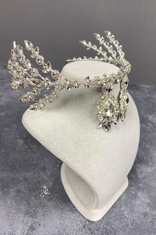 Gümüş Helenist Çift Taraflı Gelin Kına Tacı ve Taşlı Küpe Seti