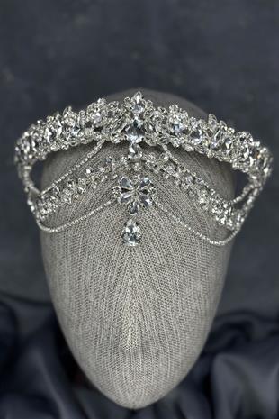 Gümüş  Hera Alınlık Sallantılı Gelin Kına Tacı Saç Aksesuarı