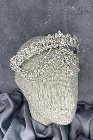 Gümüş  Hera Alınlık Sallantılı Gelin Kına Tacı Saç Aksesuarı