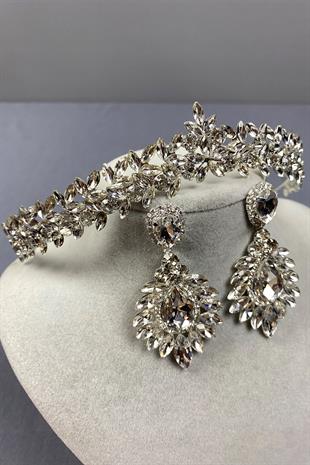 Gümüş İnce Zarif Vera Gelin Tacı Ve Damla Küpe