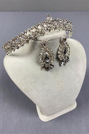 Gümüş İnce Zarif Vera Gelin Tacı Ve Damla Mekik Küpe