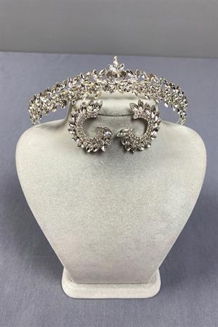 Gümüş İnce Zarif Vera Gelin Tacı Ve Damla Mekikli Küpe