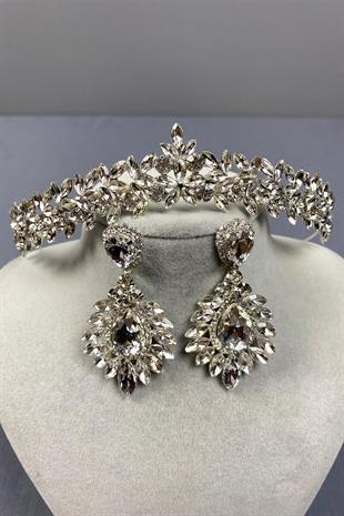 Gümüş İnce Zarif Vera Gelin Tacı Ve Damla Küpe