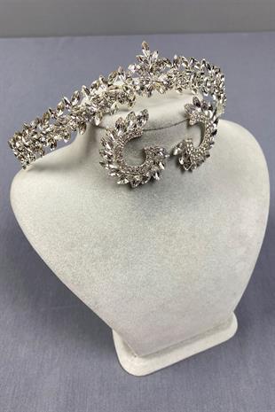 Gümüş İnce Zarif Vera Gelin Tacı Ve Damla Mekikli Küpe