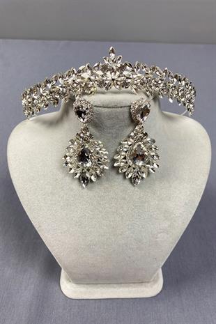 Gümüş İnce Zarif Vera Gelin Tacı Ve Damla Küpe