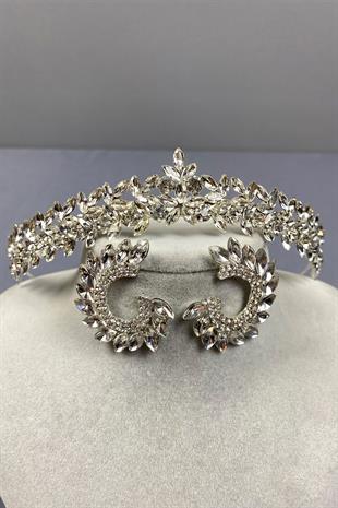 Gümüş İnce Zarif Vera Gelin Tacı Ve Damla Mekikli Küpe