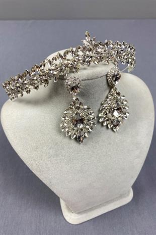 Gümüş İnce Zarif Vera Gelin Tacı Ve Damla Küpe