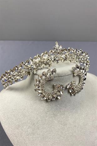 Gümüş İnce Zarif Vera Gelin Tacı Ve Damla Mekikli Küpe