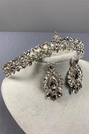 Gümüş İnce Zarif Vera Gelin Tacı Ve Damla Mekik Küpe