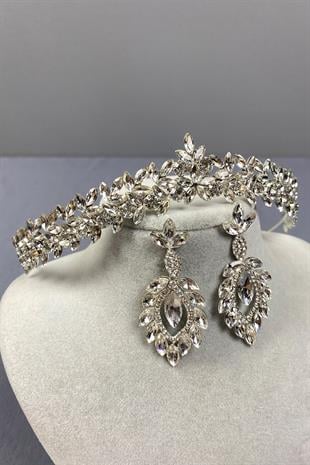 Gümüş İnce Zarif Vera Gelin Tacı Ve Mekik Küpe