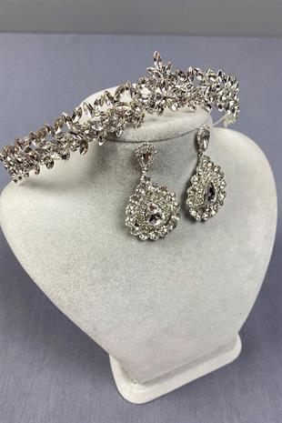 Gümüş İnce Zarif Vera Gelin Tacı Ve Mekikli Küpe