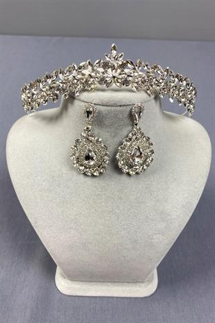 Gümüş İnce Zarif Vera Gelin Tacı Ve Mekikli Küpe