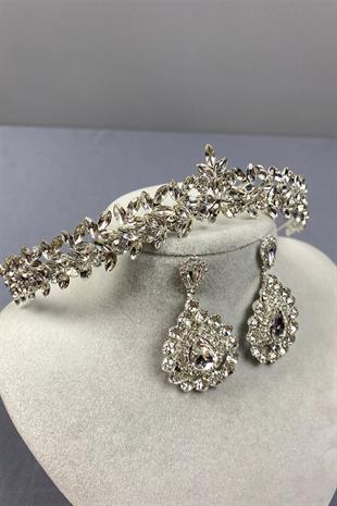 Gümüş İnce Zarif Vera Gelin Tacı Ve Mekikli Küpe