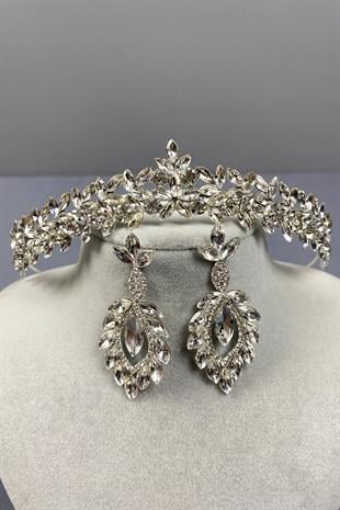 Gümüş İnce Zarif Vera Gelin Tacı Ve Mekik Küpe