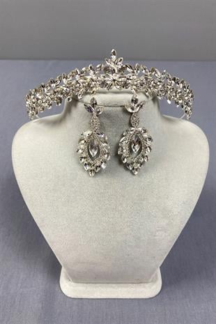 Gümüş İnce Zarif Vera Gelin Tacı Ve Mekik Küpe