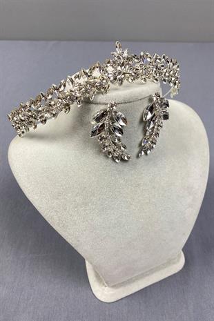 Gümüş İnce Zarif Vera Gelin Tacı Ve Yaprak Küpe