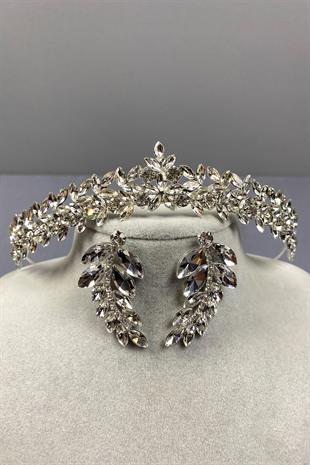 Gümüş İnce Zarif Vera Gelin Tacı Ve Yaprak Küpe