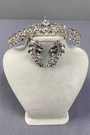 Gümüş İnce Zarif Vera Gelin Tacı Ve Yaprak Küpe