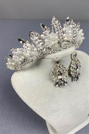 Gümüş Jabbah Boncuk İşlemeli Gelin Kına Tacı Ve Mekik Damla Küpe