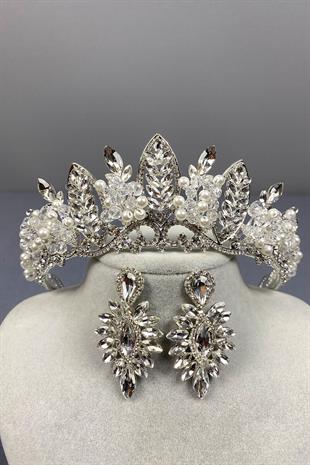 Gümüş Jabbah Boncuk İşlemeli Gelin Kına Tacı Ve İnce Mekik Küpe