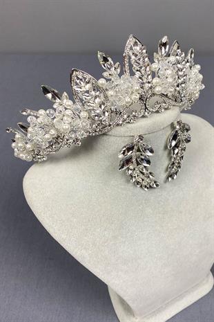 Gümüş Jabbah Boncuk İşlemeli Gelin Kına Tacı Ve Yaprak Küpe