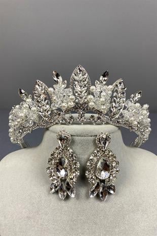 Gümüş Jabbah Boncuk İşlemeli Gelin Kına Tacı Ve Mekik Damla Küpe