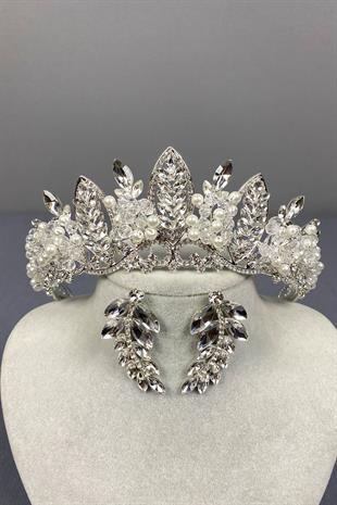 Gümüş Jabbah Boncuk İşlemeli Gelin Kına Tacı Ve Yaprak Küpe