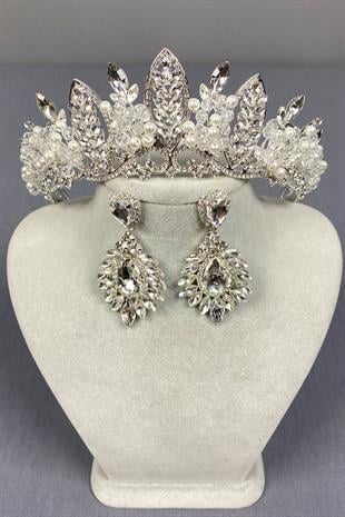 Gümüş Jabbah Boncuk İşlemeli Gelin Kına Tacı Ve Mekik Küpe