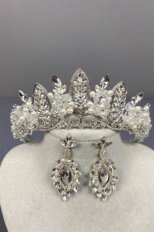 Gümüş Jabbah Boncuk İşlemeli Gelin Kına Tacı Ve Mekikli Küpe Set