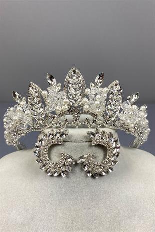 Gümüş Jabbah Boncuk İşlemeli Gelin Kına Tacı Ve Yuvarlak Küpe