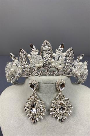 Gümüş Jabbah Boncuk İşlemeli Gelin Kına Tacı Ve Mekik Küpe