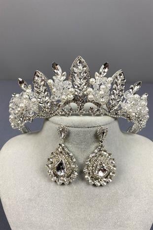 Gümüş Jabbah Boncuk İşlemeli Gelin Kına Tacı Ve Damla Küpe