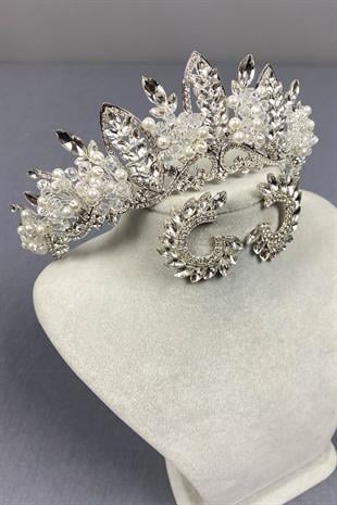 Gümüş Jabbah Boncuk İşlemeli Gelin Kına Tacı Ve Yuvarlak Küpe