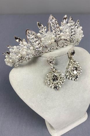 Gümüş Jabbah Boncuk İşlemeli Gelin Kına Tacı Ve Mekik Küpe