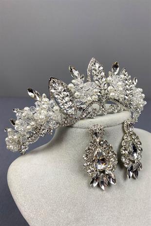 Gümüş Jabbah Boncuk İşlemeli Gelin Kına Tacı Ve Mekik Damla Küpe