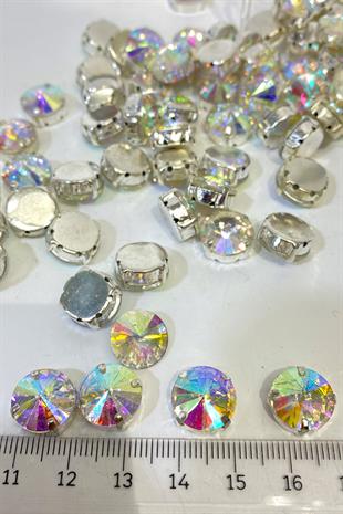 Gümüş Janjanlı Metal Kasalı Yuvarlak Beyoğlu Taşı Dikme boncuk 5 Adet