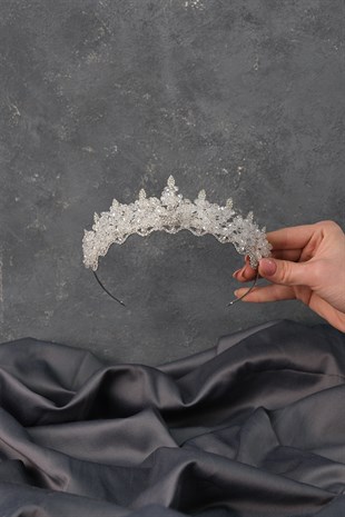 Gümüş Kristal Boncuklu Bade Gelin Tacı
