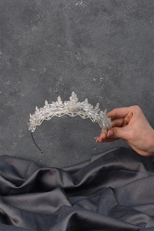 Gümüş Kristal Boncuklu Bade Gelin Tacı