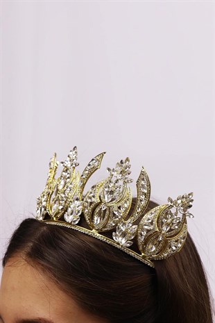 Gümüş Kristal Taş Detaylı Sarı Gelin Tacı