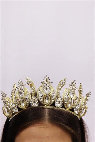 Gümüş Kristal Taş Detaylı Sarı Gelin Tacı