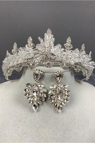 Gümüş Lena Kristalli Gelin Tacı Ve Mekik Taşlı Küpe Seti