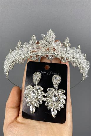 Gümüş Lena Kristalli Gelin Tacı Ve Mekik Taşlı Küpe Seti