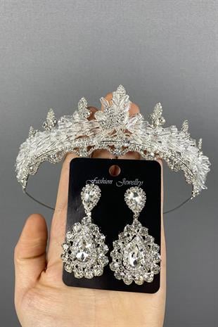 Gümüş Lena Kristalli Gelin Tacı Ve Taşlı Küpe Set