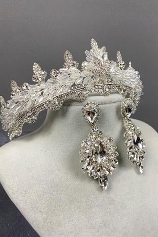 Gümüş Lena Kristalli Gelin Tacı Ve Taşlı Küpe Seti