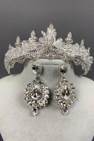 Gümüş Lena Kristalli Gelin Tacı Ve Taşlı Küpe Seti