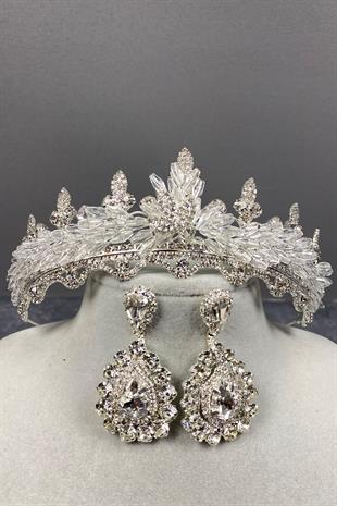 Gümüş Lena Kristalli Gelin Tacı Ve Taşlı Küpe Set