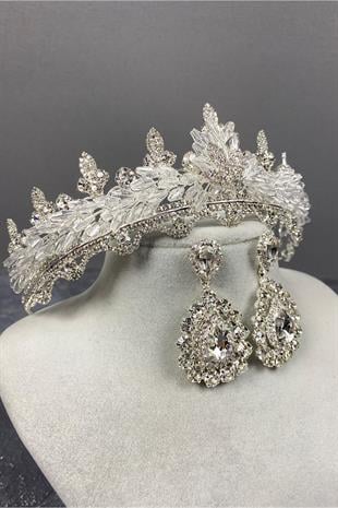 Gümüş Lena Kristalli Gelin Tacı Ve Taşlı Küpe Set