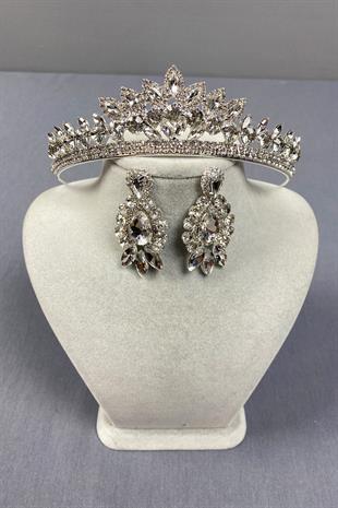 Gümüş Leyn Gelin Tacı Ve Badem Mekik Taşlı Küpe Seti