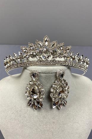 Gümüş Leyn Gelin Tacı Ve Badem Mekik Taşlı Küpe Seti